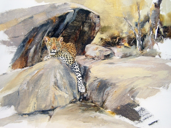 Leopard (lazing on rocks) - Geoff Hunter Wildlife Art
